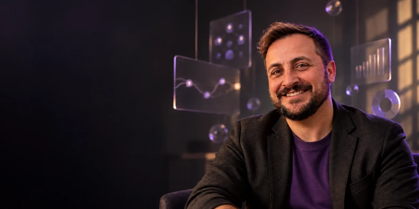 Dionatha sorrindo de frente com camiseta roxa, blazer escuro e elementos de Martech iluminados ao fundo